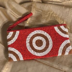 Beaded Red Wristlet Clutch with Circular Pattern